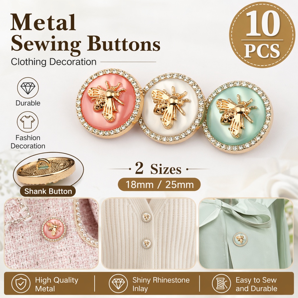Button Hole Cutter - 10Pcs Rhinestone Bee Metal Decorative Buttons,